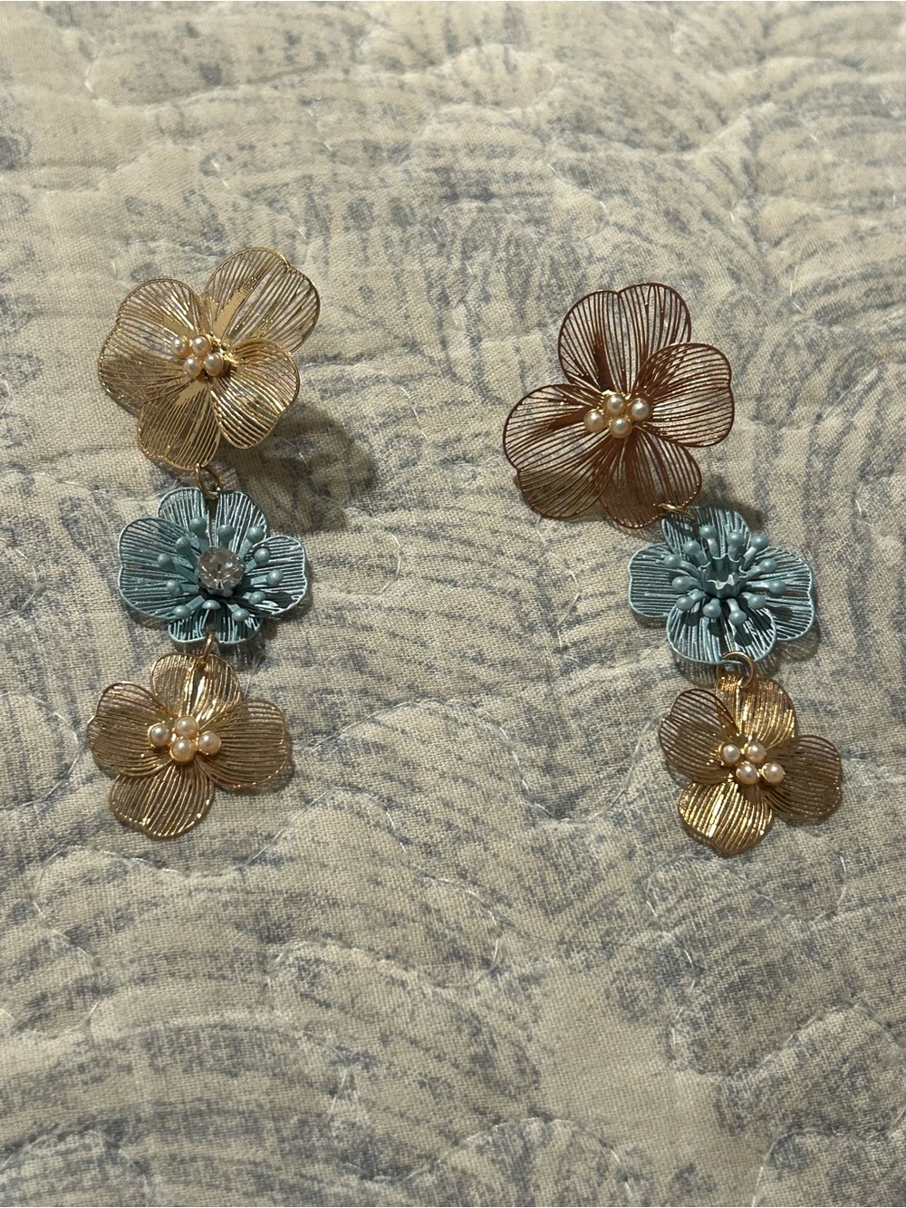 Gold & Teal Floral Drop Earrings - Designer Style